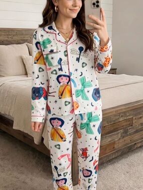 Women's White Printed Pajama Set with Colorful Character and Bow Motifs XL